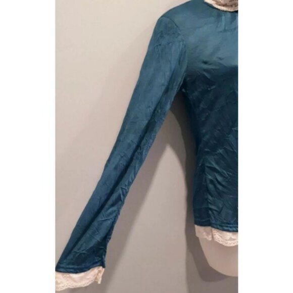 3/$20 Lace Trim Turtleneck Teal Top Long Sleeve Romantic Feminine Blouse - Picture 3 of 8